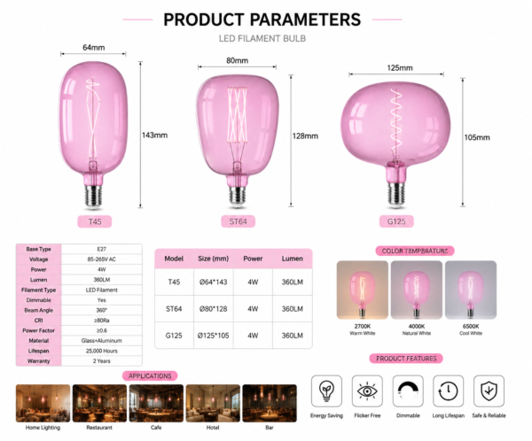 Pink LED Filament Bulb E27 Product Specification Sheet | OEM Factory Data pink LED filament bulb E27 specification sheet product parameters technical data OEM manufacturer