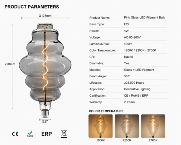 LED Filament Bulb E27 Product Specification Sheet Technical Datasheet OEM Wholesale LED filament bulb product specification sheet E27 technical datasheet OEM wholesale parameters