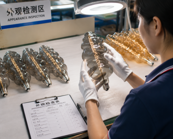 LED Filament Bulb Quality Inspection Workshop Checking Quality Control OEM Factory LED filament bulb quality inspection workshop checking production line quality control OEM factory