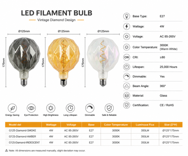 LED Filament Bulb Technical Specification E27 Datasheet OEM Manufacturer LED filament bulb technical specification sheet E27 datasheet OEM LED bulb parameters wattage voltage size color temperature