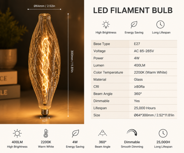 LED Filament Bulb Technical Specification Sheet E27 Parameters LED filament bulb technical specification sheet E27 decorative vintage bulb parameters wattage voltage color temperature CRI OEM manufacturer