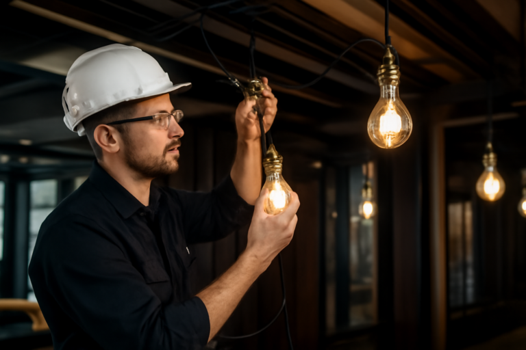 Installer fixing private label LED filament bulbs in commercial ceiling fixtures