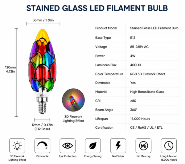 Colorful ST19 LED Filament Bulb Decorative Lighting Display This image shows ST19 decorative LED filament bulbs in multiple colorful stained-glass styles. Designed for ambient and decorative lighting applications, these bulbs are widely used in cafés, bars, restaurants, hotels and creative interior lighting projects. TITKLED provides OEM and ODM LED filament bulb manufacturing, customized colors, and wholesale supply for global distributors and lighting projects.