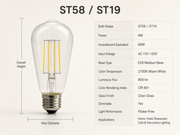 ST58 / ST19 6W Dimmable LED Filament Bulb, E26, 2700K, CRI 90+ - Product Detail Image 7 ST58 / ST19 Clear Glass LED filament bulb Edison screw base - product detail image 7