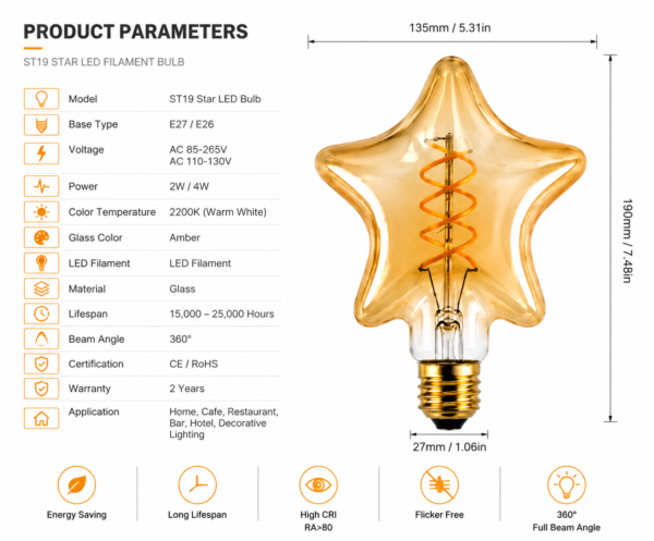 Star LED Filament Bulb Technical Specifications Sheet Star shaped LED filament bulb technical specifications E27 E26 voltage power lifespan decorative lighting