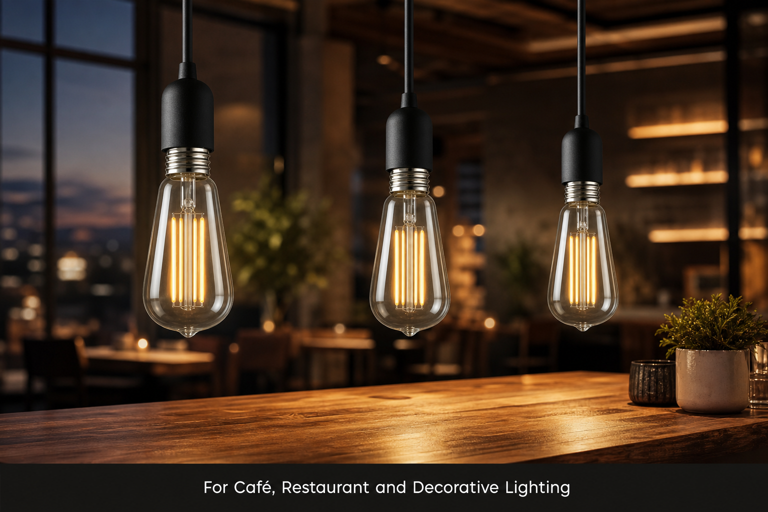 TITK ST58 filament bulbs in warm café and restaurant pendant lighting