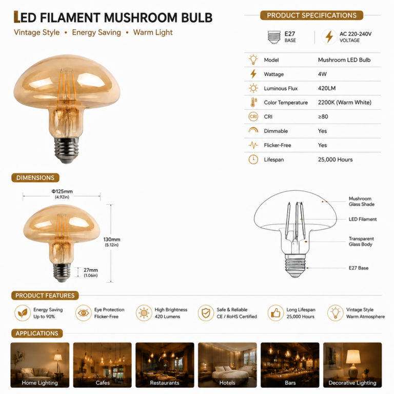 Mushroom shape LED filament bulb decorative lighting with vintage glass design