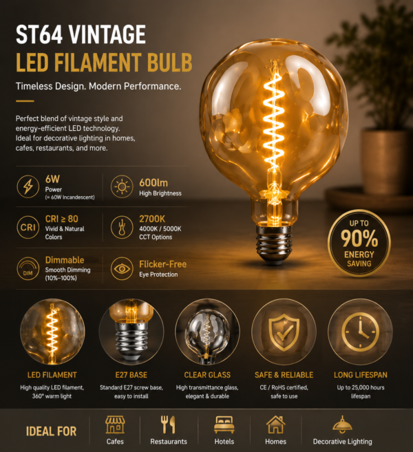 G125 LED filament bulb energy saving flicker free dimmable lighting features and advantages