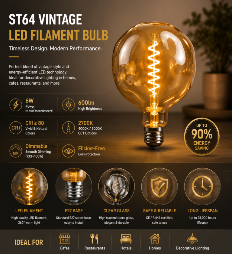 G125 LED filament bulb energy saving flicker free dimmable lighting features and advantages