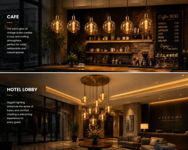 G125 LED filament bulb used in cafe hotel lighting application and commercial interior design