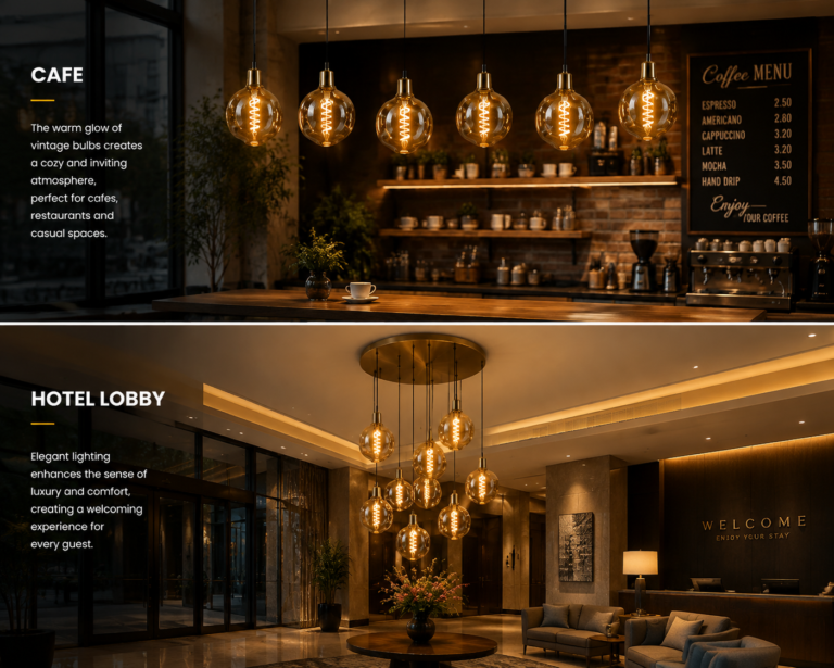 G125 LED filament bulb used in cafe hotel lighting application and commercial interior design