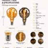 G125 LED filament bulb size specification chart with product dimensions and technical parameters