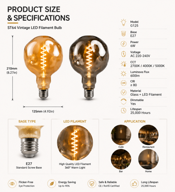G125 LED filament bulb size specification chart with product dimensions and technical parameters