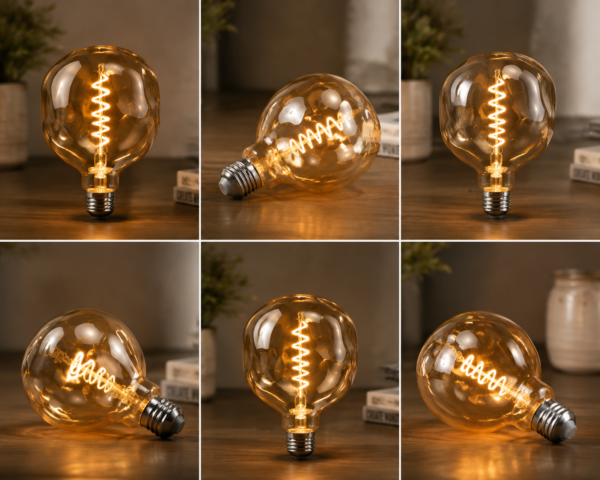 G125 vintage Edison LED filament bulb multi angle display showing glass shape and filament design