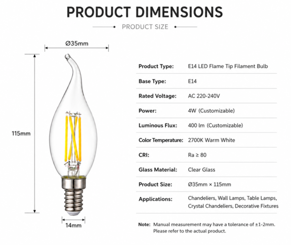 C35拉尾4W 透明玻璃 LED灯丝灯 螺口灯头 - product detail image 3