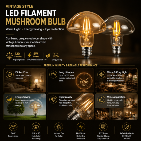 Mushroom LED Filament Bulb High Quality Decorative Lighting Features Mushroom LED filament bulb features high quality decorative lighting design and advanced LED performance