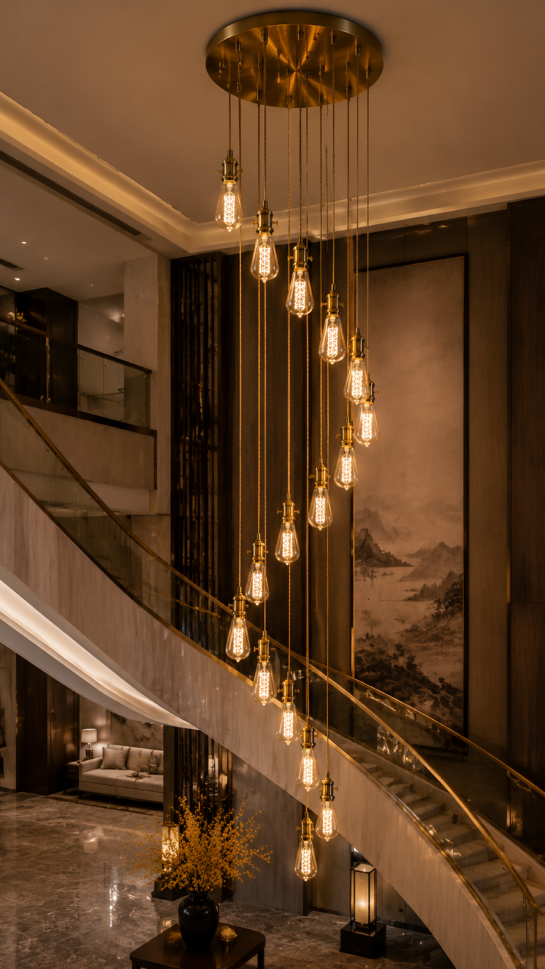 ST64 LED filament bulb hotel staircase chandelier lighting application with vintage decorative design