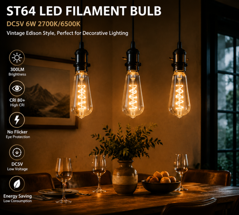 ST64 LED filament bulb features specifications and vintage Edison decorative lighting advantages