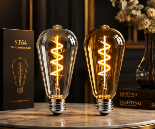 ST64 Vintage LED Filament Bulb Warm Light Display ST64 vintage LED filament bulb warm light display with Edison style glass design