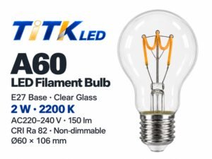 A60 E27 LED filament bulb overview: 2 W, 2200 K and 150 lm