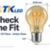 A60 E27 LED filament bulb dimensions: 60 mm diameter and 106 mm height