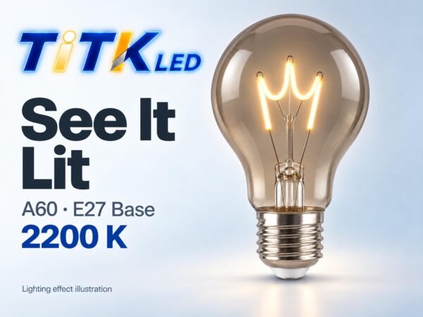 A60 E27 LED Filament Bulb 2W 2200K Lit A60 E27 LED filament bulb lighting illustration at 2200 K