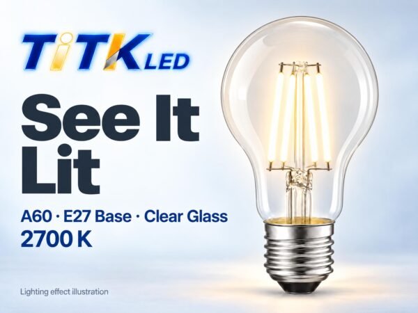 A60 E27 LED Filament Bulb 4W 2700K Lit A60 E27 LED filament bulb lighting illustration at 2700 K
