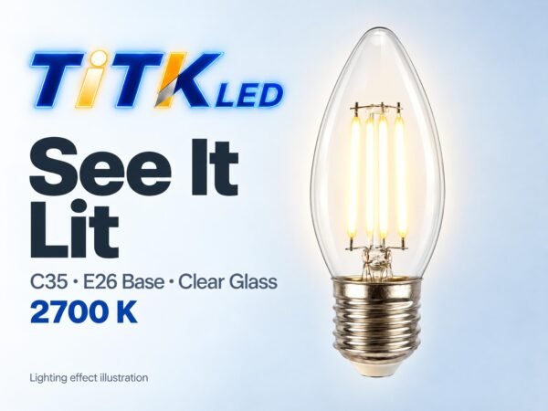 C35 E26 LED Filament Bulb 4W 2700K Lit C35 E26 LED filament bulb lighting illustration at 2700 K
