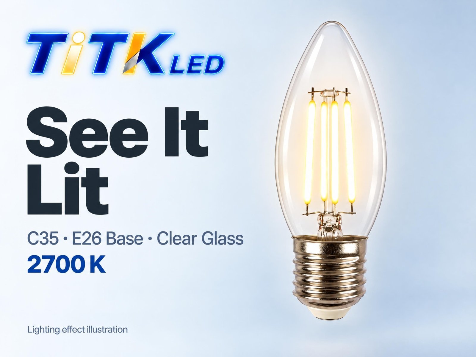 C35 E26 LED filament bulb lighting illustration at 2700 K