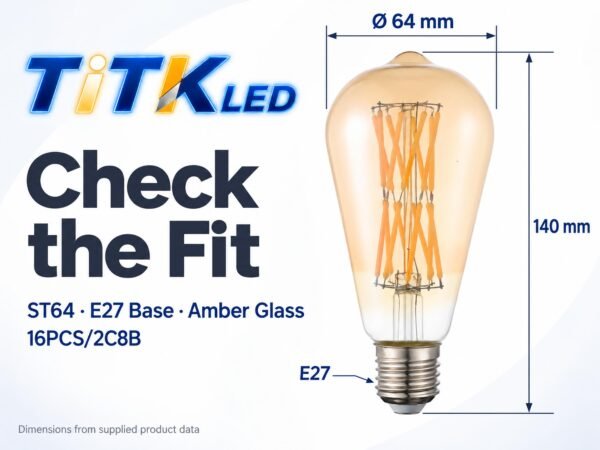 ST64 E27 LED Filament Bulb 16W 2700K Dimensions ST64 E27 LED filament bulb dimensions: 64 mm diameter and 140 mm height