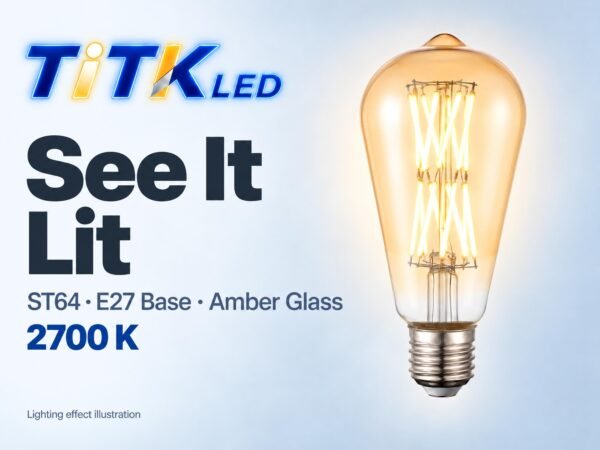 ST64 E27 LED Filament Bulb 16W 2700K Lit ST64 E27 LED filament bulb lighting illustration at 2700 K