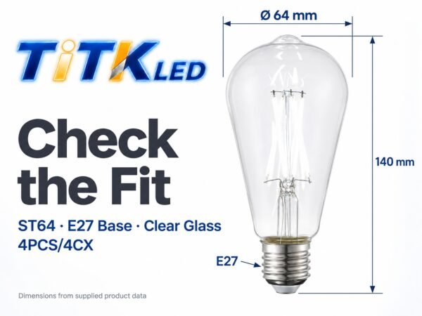 ST64 E27 LED Filament Bulb 8W 6500K Dimensions ST64 E27 LED filament bulb dimensions: 64 mm diameter and 140 mm height