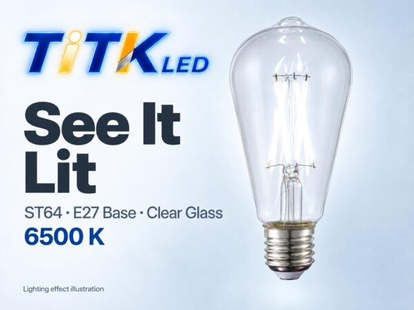 ST64 E27 LED Filament Bulb 8W 6500K Lit ST64 E27 LED filament bulb lighting illustration at 6500 K