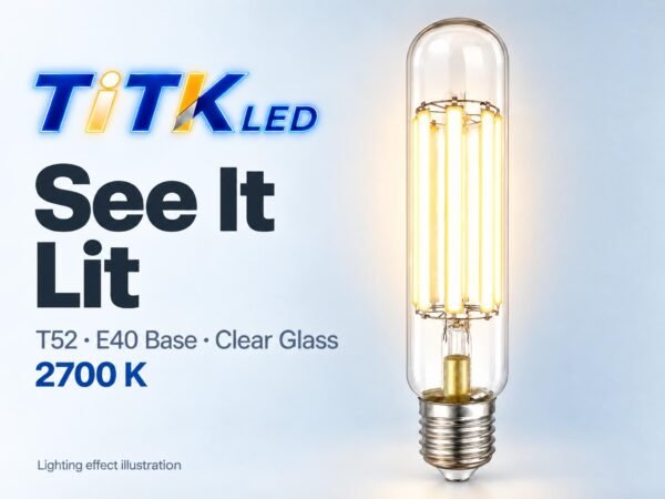 T52 E40 LED Filament Bulb 60W 2700K Lit T52 E40 LED filament bulb lighting illustration at 2700 K