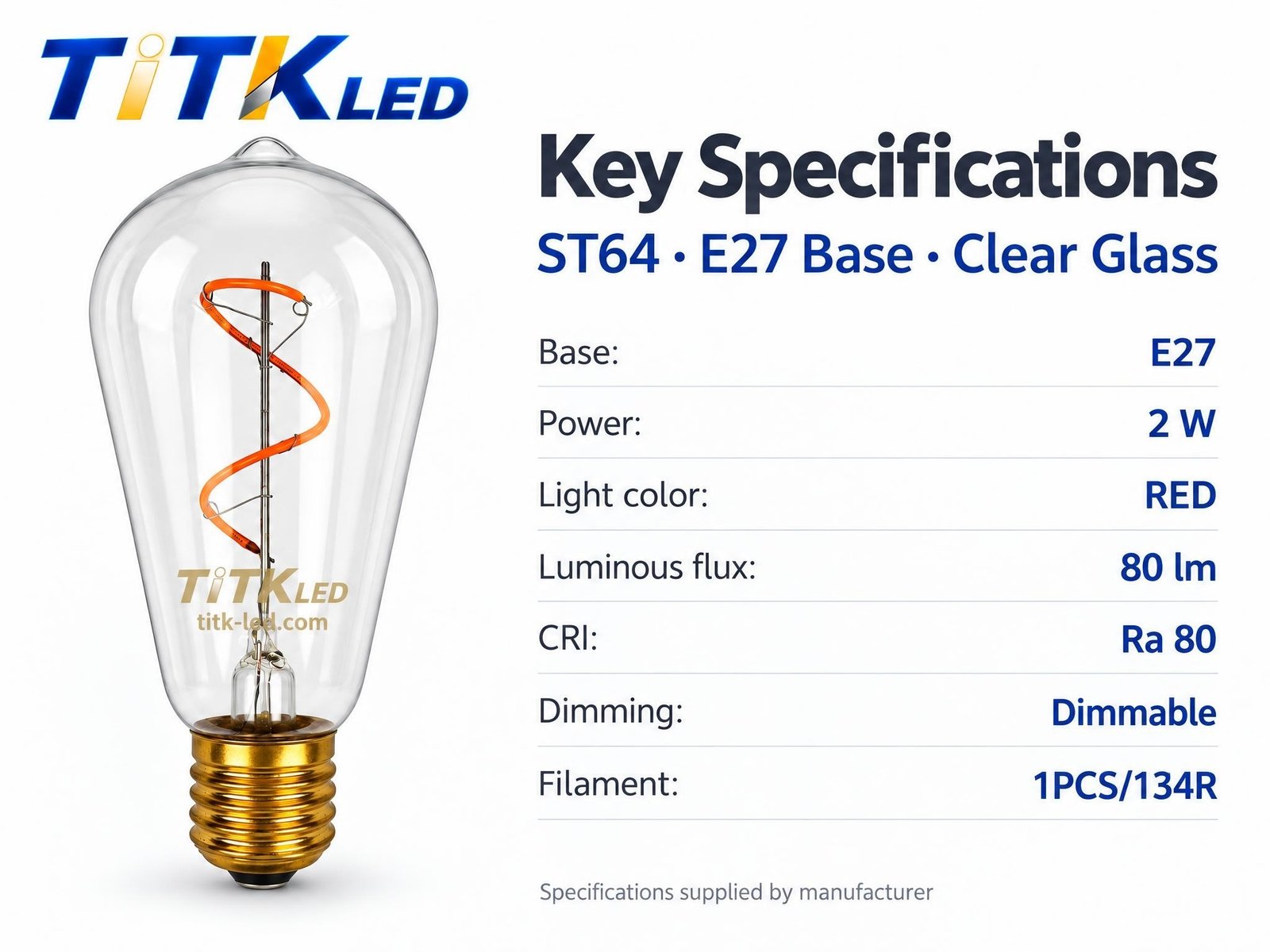 Recorded specifications for the TITK ST64 red low-voltage LED filament bulb