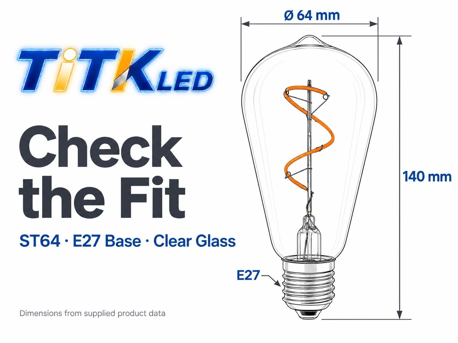 ST64 bulb dimension drawing showing 64 mm diameter and 140 mm height