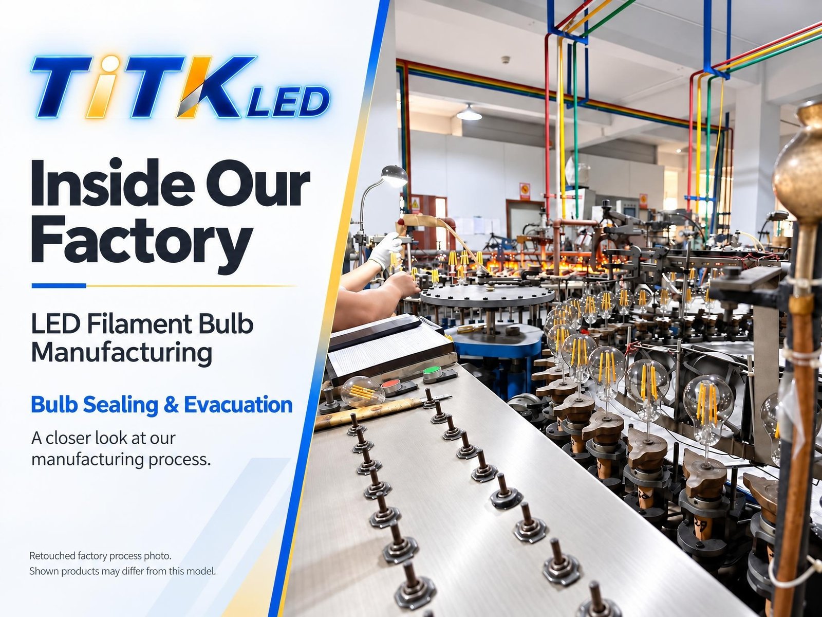 Retouched LED filament bulb manufacturing process photograph