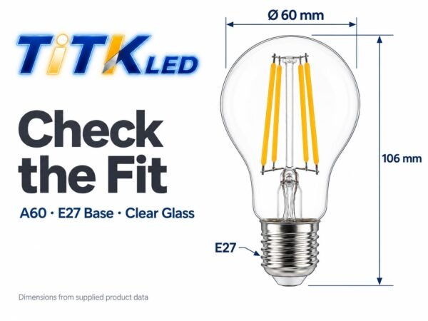 A60 E27 LED Filament Bulb 6W 2700K Dimensions A60 E27 LED filament bulb dimensions: 60 mm diameter and 106 mm height