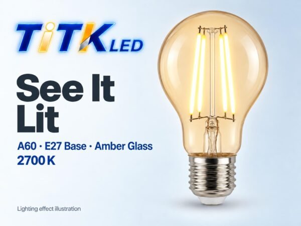 A60 E27 LED Filament Bulb 6W 2700K Lit A60 E27 LED filament bulb lighting illustration at 2700 K