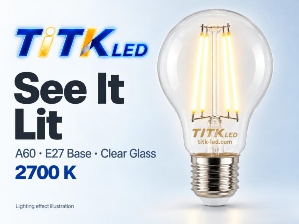 A60 E27 LED Filament Bulb 6W 2700K Lit A60 E27 LED filament bulb lighting illustration at 2700 K