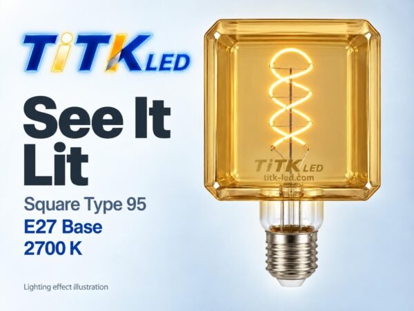 Square Type 95 E27 LED Filament Bulb 4W 2700K Lit Square Type 95 E27 LED filament bulb lighting illustration at 2700 K