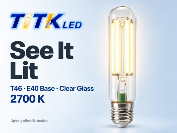 T46 E40 LED Filament Bulb 41W 2700K Lit T46 E40 LED filament bulb lighting illustration at 2700 K