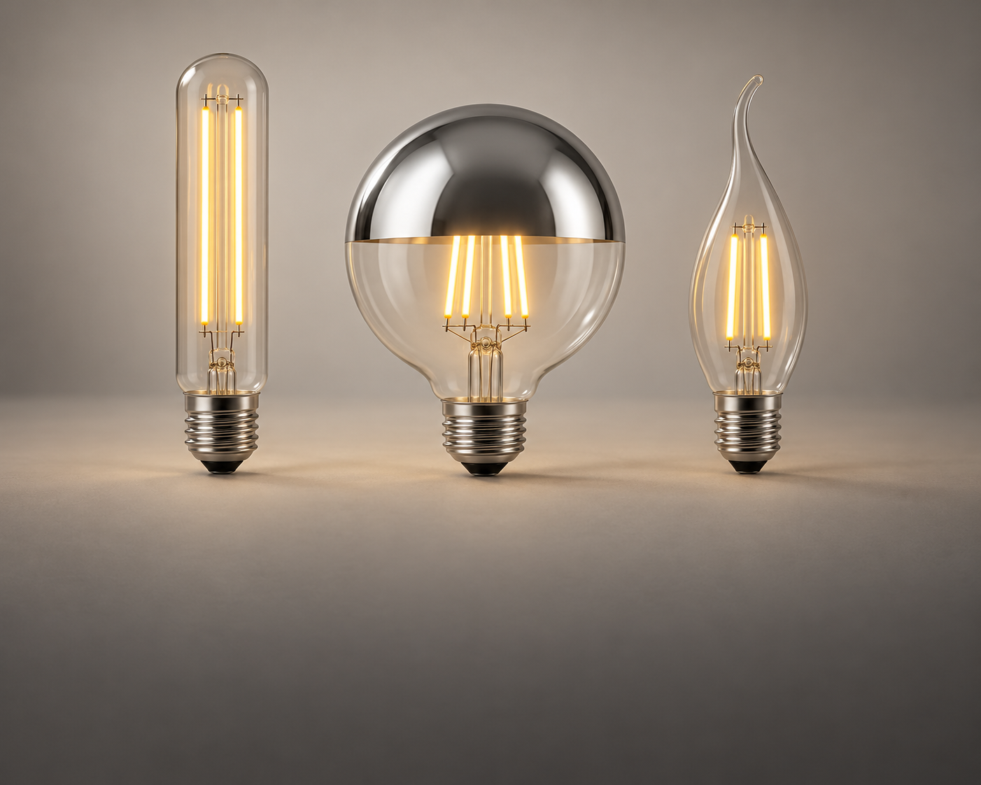 Tubular mirror-top and flame-tip decorative bulb concepts