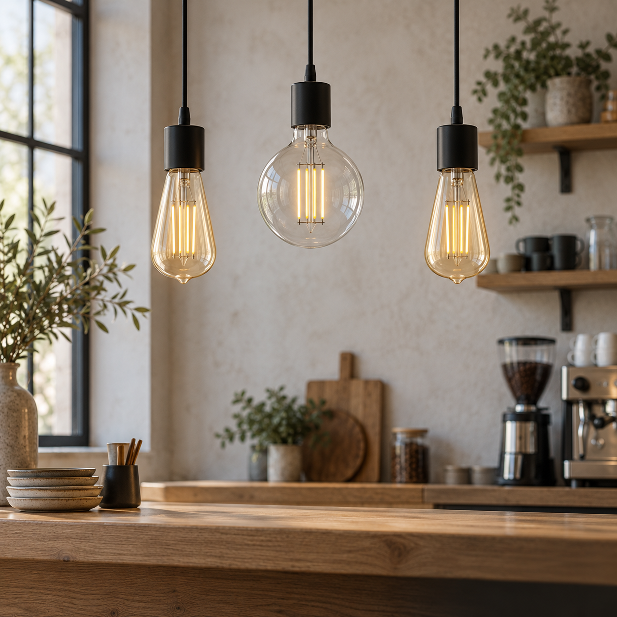 Application illustration based on TITK catalog ST64 amber and G95 clear LED filament bulbs