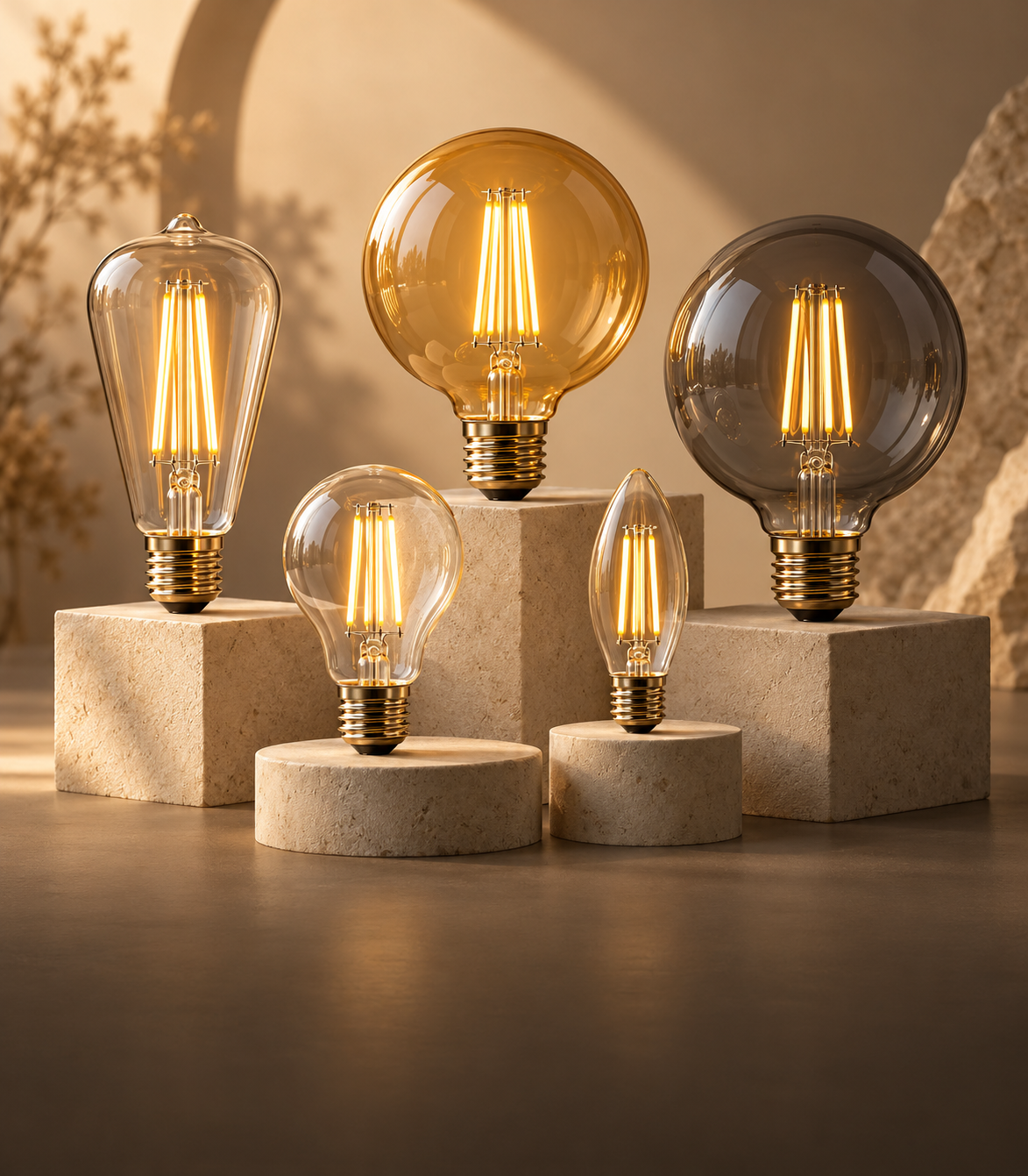 LED filament bulb customization concept illustration in clear, amber and smoke-grey glass